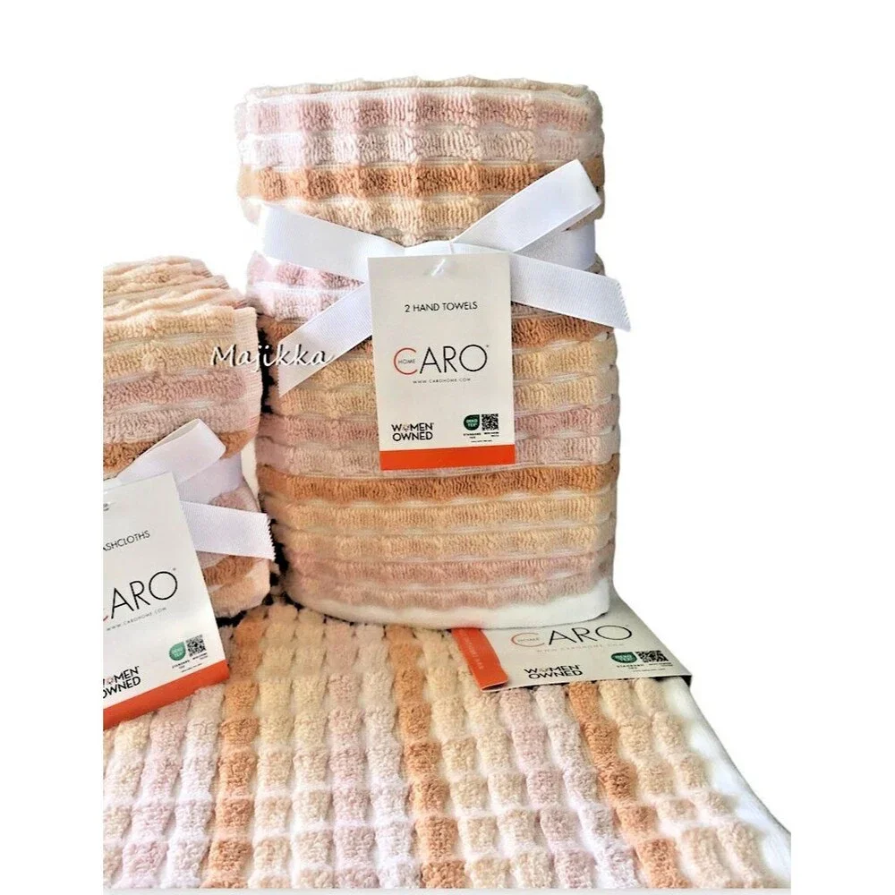Caro 8 Piece Towel Set 2 Bath 2 Hand 4 Facecloths Peach Apricot Stripe Cotton